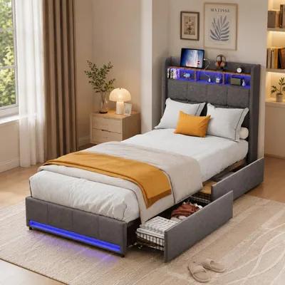 Obrázek produktu pro Postel INONEFT, 90x200 cm, čalouněná, s LED osvětlením a USB porty, jednolůžko pro mládež se 2 zásuvkami a 3 úložnými prostory, lněná tkanina, šedá barva, Obrázek vytvořený pomocí AI