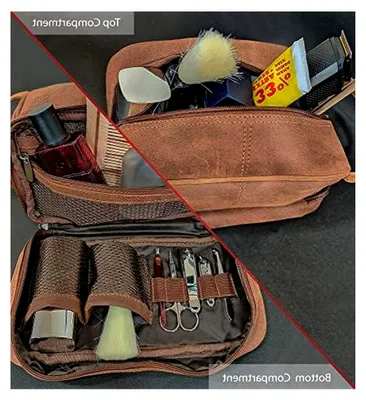 Produktbild von Herren Kulturbeutel aus Leder, Reise-Rasierset, Toilettenartikel-Organizer, Kosmetiktasche, Make-up-Tasche für Damen