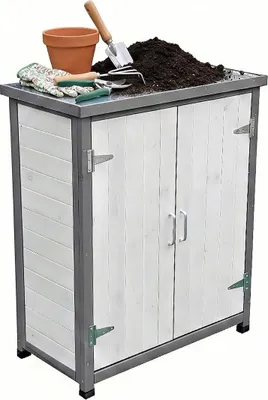 Obrázek produktu pro Zahradní stolek Relaxdays se spodní skříňkou, dřevo, pozinkovaná pracovní deska, VxŠxH: 90 x 75 x 40 cm, zahradní skříňka, bílá/šedá