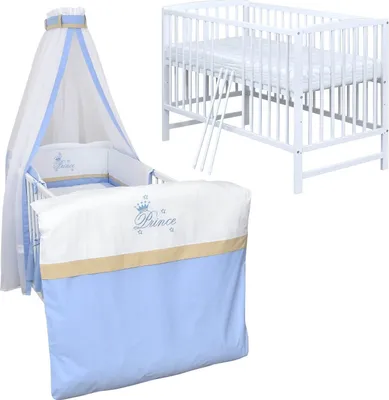 Produktbild von Baby-Delux Babybett Kinderbett Gitterbett Milo Weiß 120x60 Komplett Bettset 10-tlg mit Stickerei Prince