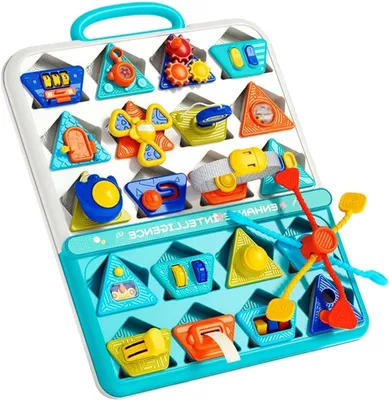 Image de Tableau sensoriel pour enfants - Tableau d'activités - Développement de la motricité fine - Design portable - 43 x 34 x 8 cm - Multicolore