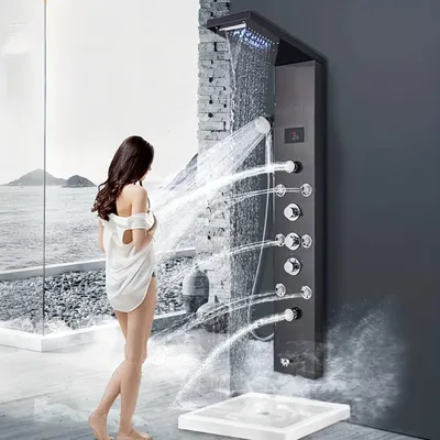 Produktbild von Duschpaneel - Regendusche - Handbrause - Massageduschkopf - Wasserfallbrause - Matte Schwarz - Edelstahl