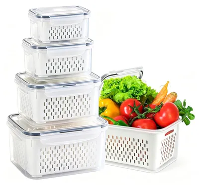 5 Kühlschrankboxen mit Deckel & Abtropfkorb, stapelbar, 380 ml