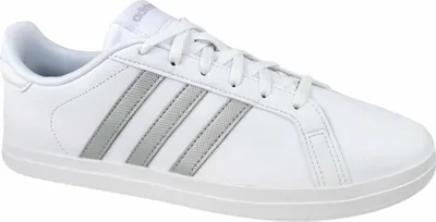 A single white Adidas sneaker with silver stripes is shown from a side-diagonal angle against a white background.