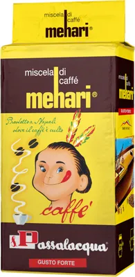 A product package for coffee, featuring a cartoon illustration of a person and text.