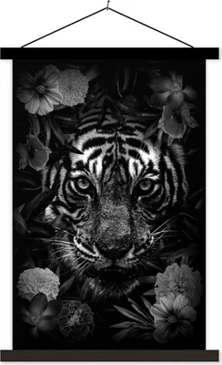 Produktbild von MuchoWow® Textilposter Tiger zwischen den Blumen - schwarz und weiß 120x180 cm mit schwarzem Rahmen - Fotos