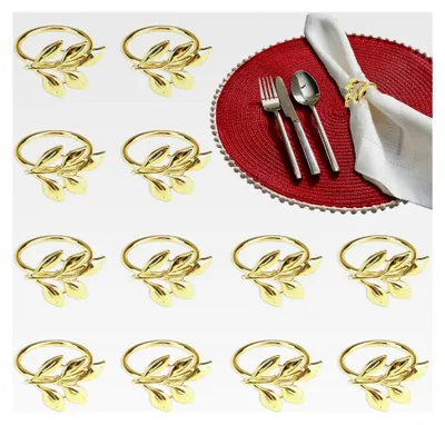 Produktbild von Serviettenringe in Gold, 12 Stück - Elegante Metallserviettenringe mit Blattdesign für Tischdekoration