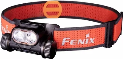 A Fenix HM65R-T V2.0 rechargeable headlamp with an orange headband.