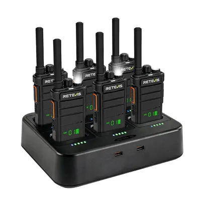 Produktbild von Retevis RB626H Walkie Talkies Set, Funkgerät mit 6 Wege Ladegerät 2000 mAh, Bildschirm VOX Notfallalarm, für Schule, Sicherheit, Hotel