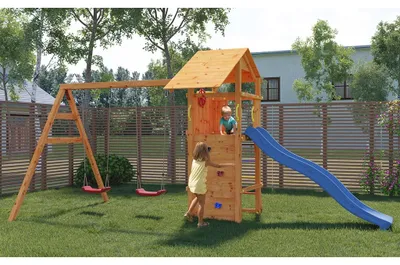Produktbild von Spielturm Smart 5 teakfarben inkl. Rutsche blau