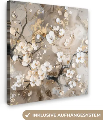 Produktbild von MuchoWow® - Leinwandbilder - Blumen - Weiß - Gold - Beige - Luxus, Wandbild, Wanddeko Bilder Wohnzimmer, 90x90cm