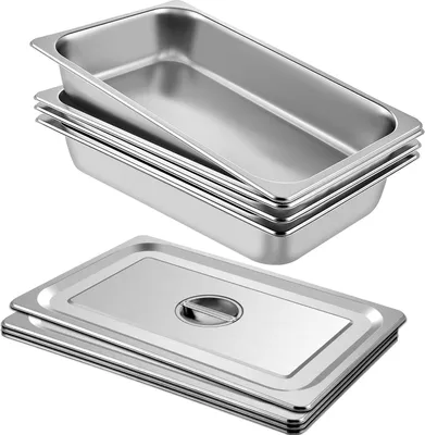 Produktbild von VEVOR Edelstahl Behälter 4 Stück, Speisebehälter Essens Behälter mit Deckel, Antihaft Teller, 53,7 x 33 x 9,5 cm, kommerzieller Warmhaltebehälter für Speisen, Torten, Aufläufe, Hotelpfanne Tisch Food
