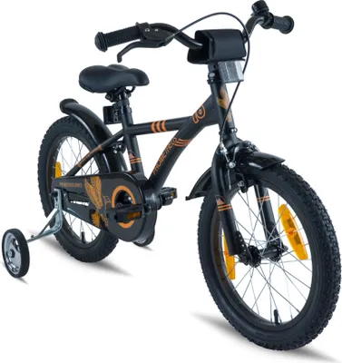 Produktbild von PROMETHEUS Kinderfahrrad 16 Zoll Jungen und Mädchen in Schwarz Matt & Orange mit Metallic Stützräder | Aluminium Seitenzugbremse und Rücktrittbremse | inkl. Sicherheitspaket | ab 5 Jahre | 16“ BMX Edition 2018