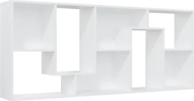 A white, modern, modular bookshelf against a white background.