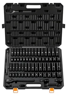 Produktbild von Schlagnuss-Set für Schlagschrauber - 65-teiliger Steckschlüsselsatz - 1,27-cm-Vierkantantrieb - Sechskant-Stecknüsse - Metrisch 10–24 mm - SAE 0,95–3,18 cm - Chrom-Vanadium-Stahl - Koffer