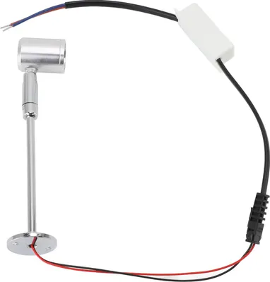 A silver LED spotlight with wires and a white power adapter on a white background.