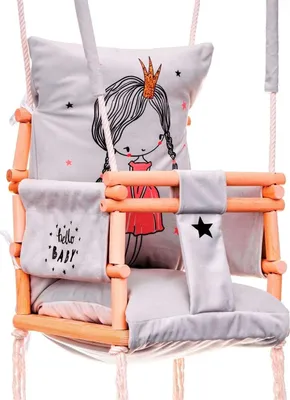 A close-up view of a baby swing with a princess design.
