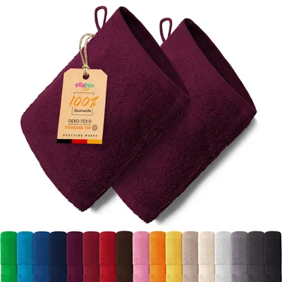Produktbild von EllaTex PARIS 2er Set Waschhandschuhe 15x21 cm – 100% Baumwolle, 500 g/m² Frottier, in Farbe: Brombeere