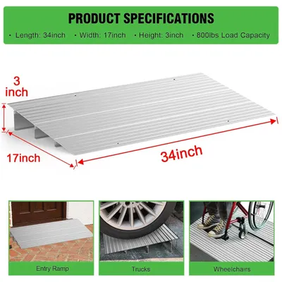 Immagine prodotto di Rampa per soglia di porta - Rampa in alluminio - Altezza: 7,6 cm (3 pollici) - Capacità di carico: 363 kg - Dimensioni: 86,4 x 57 cm - Adatta per sedie a rotelle e scooter elettrici - Finitura metallica