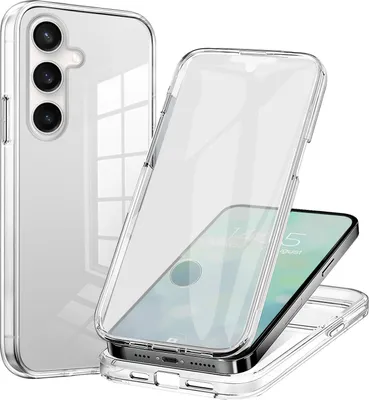 A clear phone case is shown from multiple angles, with a phone inside one of the cases.