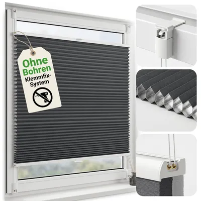 Produktbild von Wabenplissee Klemmfix ohne Bohren Thermo Plissee verspannt verdunkelnd blickdicht Grau 45x130cm,Fenster Tür Sonnenschutz Hitzeschutz Doppelplissee