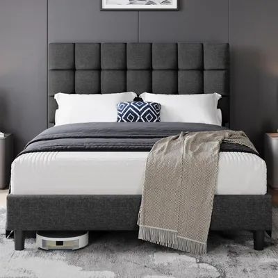 Produktbild von Bett mit Stoffbezug – 140 x 200 cm – Doppelbett mit höhenverstellbarem Kopfteil – Stabiles Bettgestell – Jugendbett
