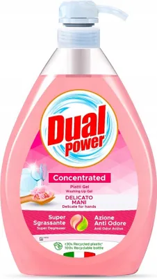 A bottle of pink liquid dish soap with a pump dispenser.