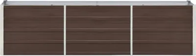 A front view of a long, modular raised garden bed with a brown, corrugated metal exterior and silver trim.
