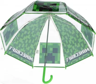 An open umbrella with a Minecraft Creeper design.