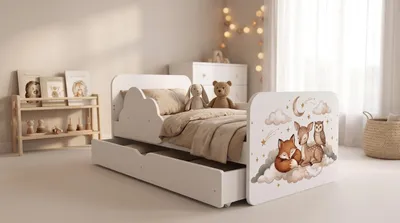 Immagine prodotto di Lettino "Wolke" 160x80 cm bianco | Set completo con materasso, cassetto e sponda di sicurezza | Lettino junior con animali colorati