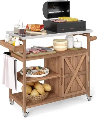Produktbild von Grillwagen Outdoor, Servierwagen auf Rollen, Kücheninsel mit Edelstahl-Arbeitsplatte, Ablagen, Gewürzregal, Schrank & Handtuchhalter, Grill Trolley BBQ Grilltisch (1 Tür-118 x 47 x 92 cm)