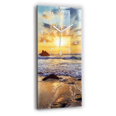 Produktbild von Wallfluent Wanduhr – Stilles Quarzuhrwerk - Uhr Dekoration Wohnzimmer Schlafzimmer Küche - Zifferblatt - weiße Zeiger - 30x60 cm - Sonnenuntergang am Strand