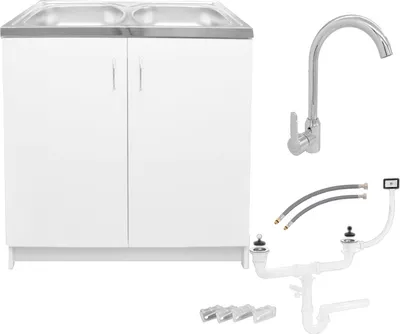 Zdjęcie produktu dla Szafka Kuchenna Biała Zlew 2 Komory 80 x 50 + Bateria Chrom Wysoka + Syfon
