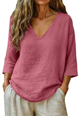 Produktbild von ASKSA Damen T-Shirt V-Ausschnitt 3/4 aermel Sommer Leinenbluse Musselin Bluse Einfarbig Casual Lose Basic Oberteile (Dunkelrosa,M)