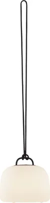 A pendant lamp with a white shade and a black cord.