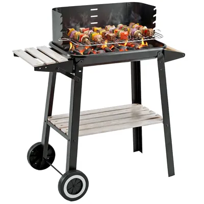Produktbild von Holzkohlegrill mit verstellbarer Grillhöhe, Ablageflächen und Rollen für den Außenbereich, 83 x 46 x 87 cm, schwarz
