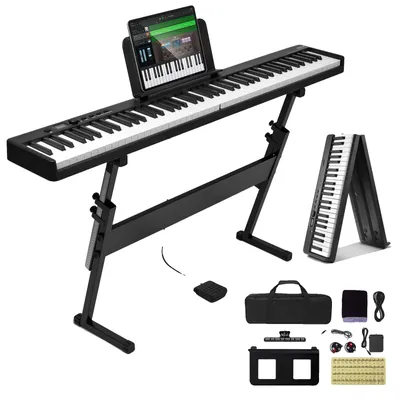 Zdjęcie produktu dla VEVOR 88-klawiszowe składane pianino, Bluetooth i MIDI, przenośne elektroniczne składane pianino cyfrowe ze statywem, pokrowiec na pedał sustain, klawisze dotykowe, akumulator, czarne