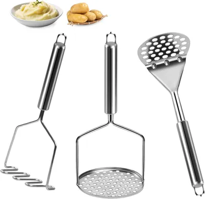 Produktbild von Kartoffelpresse, 3 Stück Kartoffelstampfer aus lebensmittelechtem Edelstahl mit Dickem Griff, Küchenhelfer Stampfer für Kartoffel, Avocado, Bohnen
