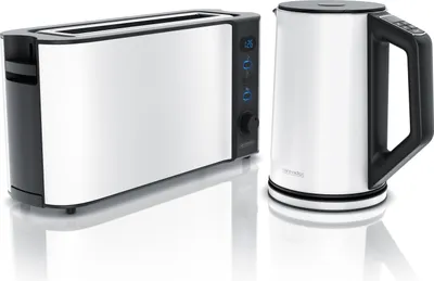 Produktbild von Arendo Frühstücksset, Wasserkocher mit Temperatureinstellung, Edelstahl, 2200W, 1,5L + Toaster 2 Scheiben, Langschlitztoaster 2 Scheiben, Langschlitz, 1000W, mattweiß