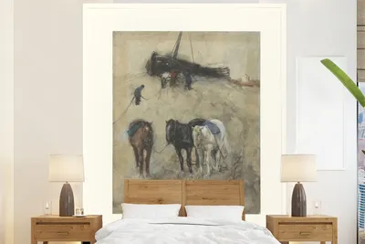 Produktbild von Fotobehang mit Pferden am Strand mit Segelboot und Fischern - Gemälde von George Hendrik Breitner - 180 cm breit, 220 cm hoch