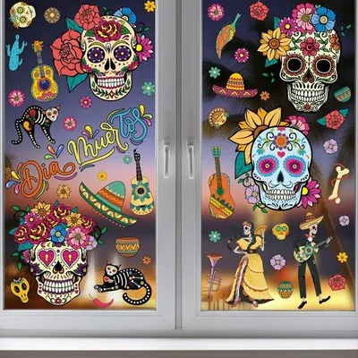 Image de Décoration de fenêtre « crânes mexicains » autocollante pour Halloween
