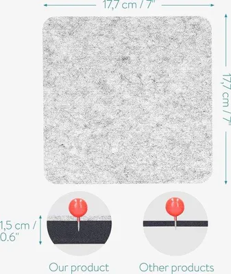Produktbild von Famanu Pinnwand aus Filz - 9 quadratische Platten - Inklusive Pinnnadeln und doppelseitigem Klebeband - 17,7 x 17,7 cm - Hellgrau