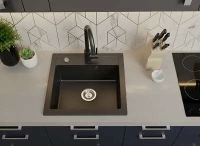 Produktbild von [Granitspüle 48x50+Armatur in verschiedenen Farben] Hochwertig beidseitig Montierbar Küchenspüle Eckig Einbaugranitspüle Granit Spülbecken f. Unterschränke ab 45 cm inkl. Siphon Set, Farben:Schwarz gesprenkelt