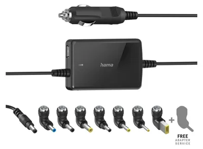 A black universal car notebook power adapter with multiple interchangeable tips and a USB port.