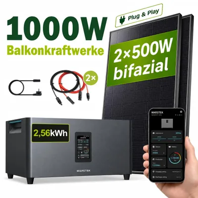 Produktbild von GreenSun Solar 1000W Balkonkraftwerk mit 2,56 kWh Speicher MARSTEK Jupiter C + Plus, 2x500W BIFAZIAL FULLBLACK Solarmodule, Solaranlage Solarspeicher