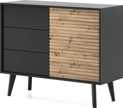 Produktbild von WILLOW Kommode 3 Schubladen, geriffelte Front, Schwarz/Eiche Artisan, Holzbeine, 104x83x39 cm