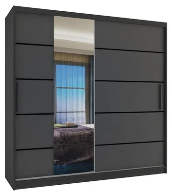 Obrázek produktu pro BELINI Verona MBP, skříň s posuvnými dveřmi, 200 cm, černá/šedá, matná – šatní skříň se zrcadlem a 2 zásuvkami, do ložnice