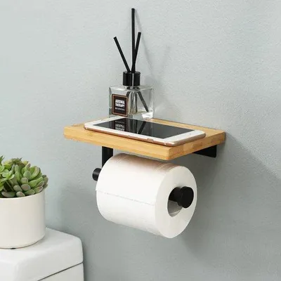 Immagine prodotto di Set portarotolo nero con ripiano in bambù per il bagno, acciaio inossidabile