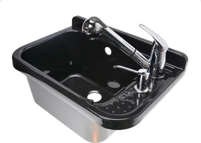 A black washbasin with a chrome faucet and a pull-out spray head, shown against a white background.