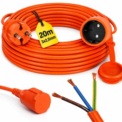 Obrázek produktu pro Prodlužovací kabel 20 metrů s uzemněním, silný a odolný 3×2,5, typ zásuvky: F, Schuko, univerzální a celoroční, ochrana IP44, VERTEX